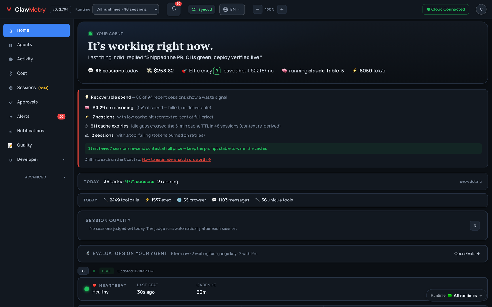 ClawMetry Mac dashboard showing agent flow, token costs, and session history
