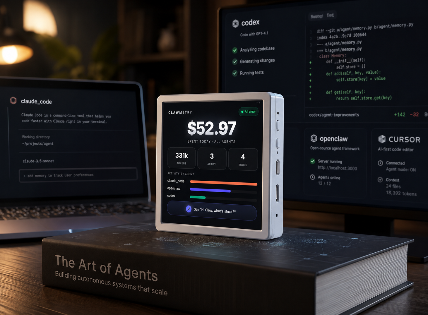 The ClawMetry device on a desk, its screen showing a live dashboard of every running agent, with code editors softly out of focus in the warm background